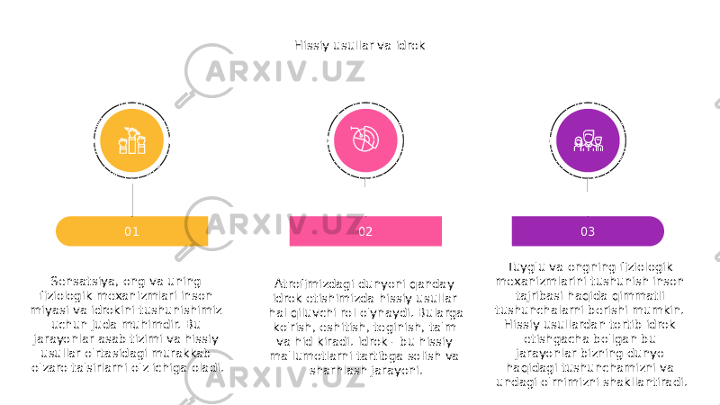 Sensatsiya, ong va uning fiziologik mexanizmlari inson miyasi va idrokini tushunishimiz uchun juda muhimdir. Bu jarayonlar asab tizimi va hissiy usullar o&#39;rtasidagi murakkab o&#39;zaro ta&#39;sirlarni o&#39;z ichiga oladi. 01 Atrofimizdagi dunyoni qanday idrok etishimizda hissiy usullar hal qiluvchi rol o&#39;ynaydi. Bularga ko&#39;rish, eshitish, teginish, ta&#39;m va hid kiradi. Idrok - bu hissiy ma&#39;lumotlarni tartibga solish va sharhlash jarayoni. 02 Tuyg&#39;u va ongning fiziologik mexanizmlarini tushunish inson tajribasi haqida qimmatli tushunchalarni berishi mumkin. Hissiy usullardan tortib idrok etishgacha bo&#39;lgan bu jarayonlar bizning dunyo haqidagi tushunchamizni va undagi o&#39;rnimizni shakllantiradi. 03Hissiy usullar va idrok 