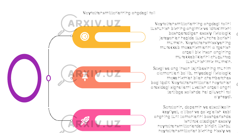 Neyrotransmitterlarning ongdagi roli Sezgi va ong inson tajribasining muhim elementlari bo&#39;lib, miyadagi fiziologik mexanizmlar bilan chambarchas bog&#39;liqdir. Neyrotransmitterlar neyronlar orasidagi signallarni uzatish orqali ongni tartibga solishda hal qiluvchi rol o&#39;ynaydi. Serotonin, dopamin va atsetilxolin kayfiyat, e&#39;tibor va qo&#39;zg&#39;alish kabi ongning turli tomonlarini boshqarishda ishtirok etadigan asosiy neyrotransmitterlardan biridir. Ushbu neyrotransmitterlar bizning hissiy va kognitiv holatlarimizga ta&#39;sir qilishi mumkin, bu bizning dunyo haqidagi tasavvurimizni shakllantiradi.Neyrotransmitterlarning ongdagi rolini tushunish bizning ongimiz va idrokimizni boshqaradigan asosiy fiziologik jarayonlar haqida tushuncha berishi mumkin. Neyrotransmissiyaning murakkab mexanizmlarini o&#39;rganish orqali biz inson ongining murakkabliklarini chuqurroq tushunishimiz mumkin. 