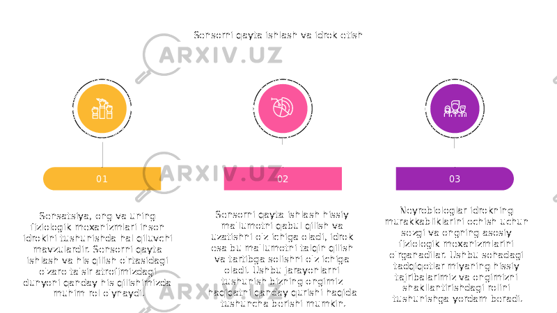 Sensatsiya, ong va uning fiziologik mexanizmlari inson idrokini tushunishda hal qiluvchi mavzulardir. Sensorni qayta ishlash va his qilish o&#39;rtasidagi o&#39;zaro ta&#39;sir atrofimizdagi dunyoni qanday his qilishimizda muhim rol o&#39;ynaydi. 01 Sensorni qayta ishlash hissiy ma&#39;lumotni qabul qilish va uzatishni o&#39;z ichiga oladi, idrok esa bu ma&#39;lumotni talqin qilish va tartibga solishni o&#39;z ichiga oladi. Ushbu jarayonlarni tushunish bizning ongimiz haqiqatni qanday qurishi haqida tushuncha berishi mumkin. 02 Neyrobiologlar idrokning murakkabliklarini ochish uchun sezgi va ongning asosiy fiziologik mexanizmlarini o&#39;rganadilar. Ushbu sohadagi tadqiqotlar miyaning hissiy tajribalarimiz va ongimizni shakllantirishdagi rolini tushunishga yordam beradi. 03Sensorni qayta ishlash va idrok etish 