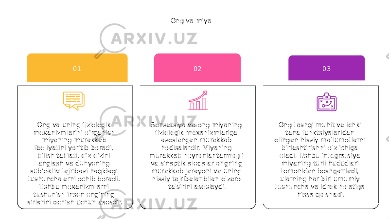 Ong va miya Sensatsiya va ong miyaning fiziologik mexanizmlariga asoslangan murakkab hodisalardir. Miyaning murakkab neyronlar tarmog&#39;i va sinaptik aloqalar ongning murakkab jarayoni va uning hissiy tajribalar bilan o&#39;zaro ta&#39;sirini asoslaydi. 02 Ong tashqi muhit va ichki tana funktsiyalaridan olingan hissiy ma&#39;lumotlarni birlashtirishni o&#39;z ichiga oladi. Ushbu integratsiya miyaning turli hududlari tomonidan boshqariladi, ularning har biri umumiy tushuncha va idrok holatiga hissa qo&#39;shadi. 03 Ong va uning fiziologik mexanizmlarini o‘rganish miyaning murakkab faoliyatini yoritib beradi, bilish tabiati, o‘z-o‘zini anglash va dunyoning sub’ektiv tajribasi haqidagi tushunchalarni ochib beradi. Ushbu mexanizmlarni tushunish inson ongining sirlarini ochish uchun asosdir. 01 