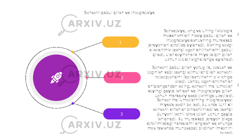 1 2 3 Sensatsiya, ong va uning fiziologik mexanizmlari hissiy qabul qilish va integratsiyalashuvning murakkab jarayonlari atrofida aylanadi. Bizning sezgi a&#39;zolarimiz tashqi ogohlantirishlarni qabul qiladi, ular keyinchalik miya talqin qilish uchun elektr signallariga aylanadi. Sensorli qabul qilish yorug&#39;lik, tovush va teginish kabi tashqi stimullar bilan sensorli retseptorlarni faollashtirishni o&#39;z ichiga oladi. Ushbu ogohlantirishlar aniqlangandan so&#39;ng, sensorli ma&#39;lumotlar keyingi qayta ishlash va integratsiya qilish uchun markaziy asab tizimiga uzatiladi. Sensor ma&#39;lumotlarning integratsiyasi miyada sodir bo&#39;ladi, bu erda turli xil sensorli kirishlar birlashtiriladi va tashqi dunyoni izchil idrok etish uchun qayta ishlanadi. Bu murakkab jarayon bizga atrofimizdagi narsalarni anglash va shunga mos ravishda munosabat bildirish imkonini beradi.Sensorli qabul qilish va integratsiya 