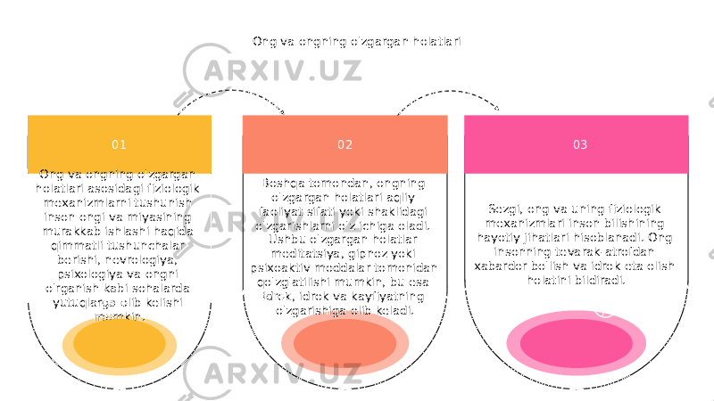 Sezgi, ong va uning fiziologik mexanizmlari inson bilishining hayotiy jihatlari hisoblanadi. Ong insonning tevarak-atrofdan xabardor bo&#39;lish va idrok eta olish holatini bildiradi. 03 Boshqa tomondan, ongning o&#39;zgargan holatlari aqliy faoliyat sifati yoki shaklidagi o&#39;zgarishlarni o&#39;z ichiga oladi. Ushbu o&#39;zgargan holatlar meditatsiya, gipnoz yoki psixoaktiv moddalar tomonidan qo&#39;zg&#39;atilishi mumkin, bu esa idrok, idrok va kayfiyatning o&#39;zgarishiga olib keladi. 02Ong va ongning o&#39;zgargan holatlari 01 Ong va ongning o&#39;zgargan holatlari asosidagi fiziologik mexanizmlarni tushunish inson ongi va miyasining murakkab ishlashi haqida qimmatli tushunchalar berishi, nevrologiya, psixologiya va ongni o&#39;rganish kabi sohalarda yutuqlarga olib kelishi mumkin. 