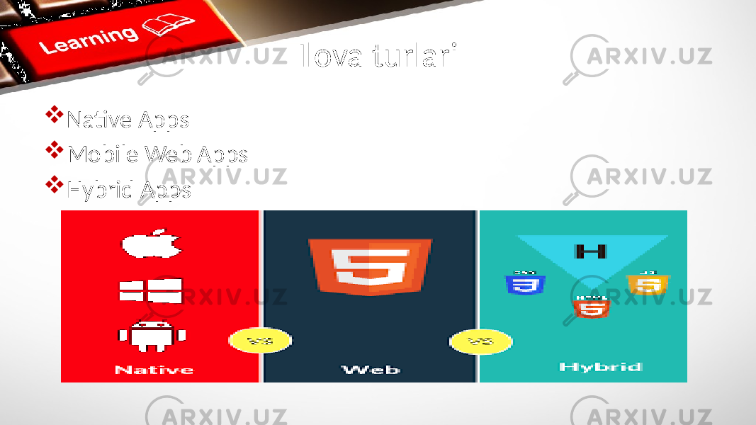 Ilova turlari  Native Apps  Mobile Web Apps  Hybrid Apps 