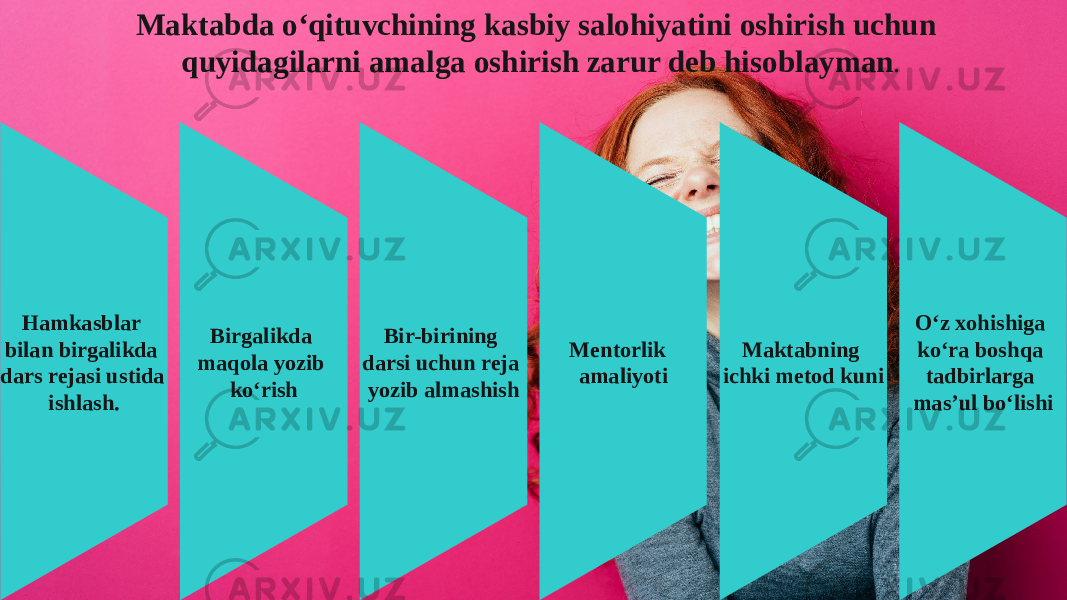 Hamkasblar bilan birgalikda dars rejasi ustida ishlash. Birgalikda maqola yozib ko‘rish Bir-birining darsi uchun reja yozib almashish Mentorlik amaliyoti Maktabning ichki metod kuni O‘z xohishiga ko‘ra boshqa tadbirlarga mas’ul bo‘lishiMaktabda o‘qituvchining kasbiy salohiyatini oshirish uchun quyidagilarni amalga oshirish zarur deb hisoblayman . 