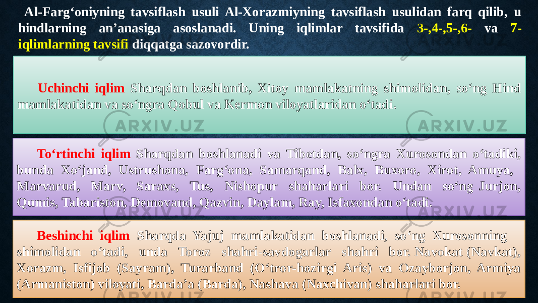  Al-Farg‘oniyning tavsiflash usuli Al-Xorazmiyning tavsiflash usulidan farq qilib, u hindlarning an’anasiga asoslanadi. Uning iqlimlar tavsifida 3-,4-,5-,6- va 7- iqlimlarning tavsifi diqqatga sazovordir. Uchinchi iqlim Sharqdan boshlanib, Xitoy mamlakatning shimolidan, so‘ng Hind mamlakatidan va so‘ngra Qobul va Kermon viloyatlaridan o‘tadi. To‘rtinchi iqlim Sharqdan boshlanadi va Tibetdan, so‘ngra Xurosondan o‘tadiki, bunda Xo‘jand, Ustrushona, Farg‘ona, Samarqand, Balx, Buxoro, Xirot, Amuya, Marvarud, Marv, Saraxs, Tus, Nishopur shaharlari bor. Undan so‘ng Jurjon, Qumis, Tabariston, Demovand, Qazvin, Daylam, Ray, Isfaxondan o‘tadi. Beshinchi iqlim Sharqda Yajuj mamlakatidan boshlanadi, so‘ng Xurosonning shimolidan o‘tadi, unda Toroz shahri-savdogarlar shahri bor. Navokat (Navkat), Xorazm, Isfijob (Sayram), Turarband (O‘tror-hozirgi Aris) va Ozayborjon, Armiya (Armaniston) viloyati, Barda’a (Barda), Nashava (Naxchivan) shaharlari bor. 