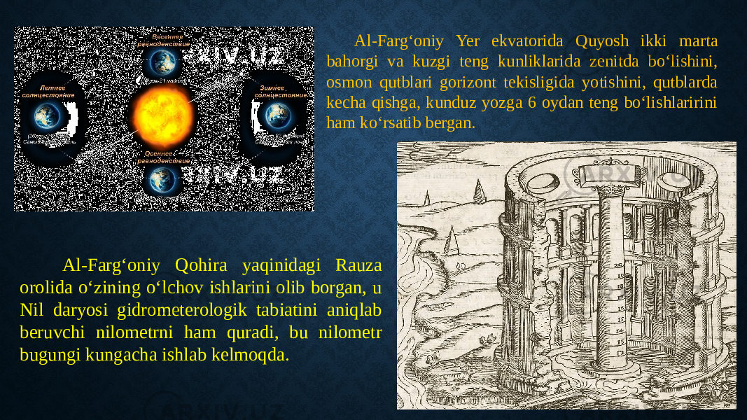 Al-Farg‘oniy Yer ekvatorida Quyosh ikki marta bahorgi va kuzgi teng kunliklarida zenitda bo‘lishini, osmon qutblari gorizont tekisligida yotishini, qutblarda kecha qishga, kunduz yozga 6 oydan teng bo‘lishlaririni ham ko‘rsatib bergan. Al-Farg‘oniy Qohira yaqinidagi Rauza orolida o‘zining o‘lchov ishlarini olib borgan, u Nil daryosi gidrometerologik tabiatini aniqlab beruvchi nilometrni ham quradi, bu nilometr bugungi kungacha ishlab kelmoqda. 