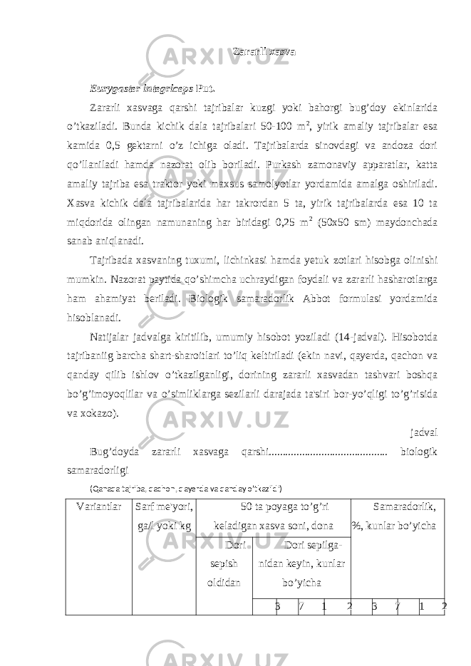 Zararli xasva Eurygaster integriceps Put. Zararli xasvaga qarshi tajribalar kuzgi yoki bahorgi bug’doy ekinlarida o’tkaziladi. Bunda kichik dala tajribalari 50-100 m 2 , yirik amaliy tajribalar esa kamida 0,5 gektarni o’z ichiga oladi. Tajribalarda sinovdagi va andoza dori qo’llaniladi hamda nazorat olib boriladi. Purkash zamonaviy apparatlar, katta amaliy tajriba esa traktor yoki maxsus samolyotlar yordamida amalga oshiriladi. Xasva kichik dala tajribalarida har takrordan 5 ta, yirik tajribalarda esa 10 ta miqdorida olingan namunaning har biridagi 0,25 m 2 (50x50 sm) maydonchada sanab aniqlanadi. Tajribada xasvaning tuxumi, lichinkasi hamda yetuk zotlari hisobga olinishi mumkin. Nazorat paytida qo’shimcha uchraydigan foydali va zararli hasharotlarga ham ahamiyat beriladi. Biologik samaradorlik Abbot formulasi yordamida hisoblanadi. Natijalar jadvalga kiritilib, umumiy hisobot yoziladi (14-jadval). Hisobotda tajribaniig barcha shart-sharoitlari to’liq keltiriladi (ekin navi, qayerda, qachon va qanday qilib ishlov o’tkazilganligi, dorining zararli xasvadan tashvari boshqa bo’g’imoyoqlilar va o’simliklarga sezilarli darajada ta&#39;siri bor-yo’qligi to’g’risida va xokazo). jadval Bug’doyda zararli xasvaga qarshi........................................... biologik samaradorligi (Qanaqa tajriba, qachon, qayerda va qanday o’tkazildi) Variantlar Sarf me&#39;yori, ga/l yoki kg 50 ta poyaga to’g’ri keladigan xasva soni, dona Samaradorlik, %, k unlar bo’yicha Dori sepish oldidan Dori sepilga- nidan keyin, kunlar bo’yicha 3 7 1 2 3 7 1 2 