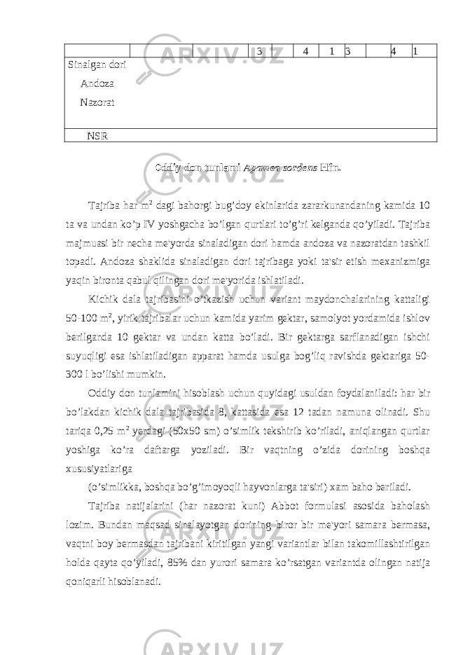 3 4 1 3 4 1 Sinalgan dori Andoza Nazorat NSR 0ddiy don tunlami Apamea sordens Hfn. Tajriba har m 2 dagi bahorgi bug’doy ekinlarida zararkunandaning kamida 10 ta va undan ko’p IV yoshgacha bo’lgan qurtlari to’g’ri kelganda qo’yiladi. Tajriba majmuasi bir necha me&#39;yorda sinaladigan dori hamda andoza va nazoratdan tashkil topadi. Andoza shaklida sinaladigan dori tajribaga yoki ta&#39;sir etish mexanizmiga yaqin bironta qabul qilingan dori me&#39;yorida ishlatiladi. Kichik dala tajribasini o’tkazish uchun variant maydonchalarining kattaligi 50-100 m 2 , yirik tajribalar uchun kamida yarim gektar, samolyot yordamida ishlov berilganda 10 gektar va undan katta bo’ladi. Bir gektarga sarflanadigan ishchi suyuqligi esa ishlatiladigan apparat hamda usulga bog’liq ravishda gektariga 50- 300 l bo’lishi mumkin. Oddiy don tunlamini hisoblash uchun quyidagi usuldan foydalaniladi: har bir bo’lakdan kichik dala tajribasida 8, kattasida esa 12 tadan namuna olinadi. Shu tariqa 0,25 m 2 yerdagi (50x50 sm) o’simlik tekshirib ko’riladi, aniqlangan qurtlar yoshiga ko’ra daftarga yoziladi. Bir vaqtning o’zida dorining boshqa xususiyatlariga (o’simlikka, boshqa bo’g’imoyoqli hayvonlarga ta&#39;siri) xam baho beriladi. Tajriba natijalarini (har nazorat kuni) Abbot formulasi asosida baholash lozim. Bundan maqsad sinalayotgan dorining biror bir me&#39;yori samara bermasa, vaqtni boy bermasdan tajribani kiritilgan yangi variantlar bilan takomillashtirilgan holda qayta qo’yiladi, 85% dan yurori samara ko’rsatgan variantda olingan natija qoniqarli hisoblanadi. 