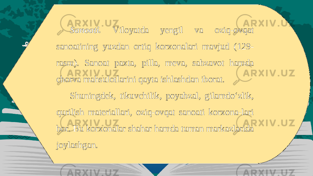 Sanoati. Viloyatda yengil va oziq-ovqat sanoatining yuzdan ortiq korxonalari mavjud (129- rasm). Sanoat paxta, pilla, meva, sabzavot hamda chorva mahsulotlarini qayta ishlashdan iborat. Shuningdek, tikuvchilik, poyabzal, gilamdo‘zlik, qurilish materiallari, oziq-ovqat sanoati korxona-lari bor. Bu korxonalar shahar hamda tuman markazlarida joylashgan. 