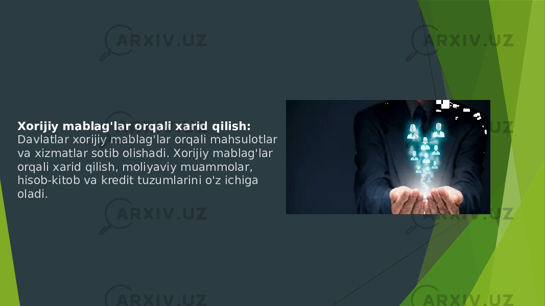 Xorijiy mablag&#39;lar orqali xarid qilish: Davlatlar xorijiy mablag&#39;lar orqali mahsulotlar va xizmatlar sotib olishadi. Xorijiy mablag&#39;lar orqali xarid qilish, moliyaviy muammolar, hisob-kitob va kredit tuzumlarini o&#39;z ichiga oladi. 