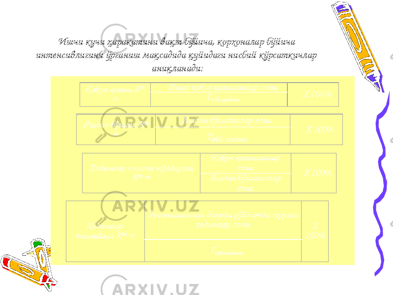 Ишчи кучи ҳаракатини вақт бўйича, корхоналар бўйича интенсивлигини ўрганиш мақсадида қуйидаги нисбий кўрсаткичлар аниқланади: 