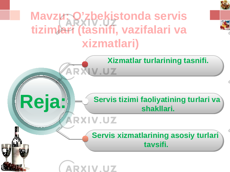 Xizmatlar turlarining tasnifi. Servis tizimi faoliyatining turlari va shakllari. Servis xizmatlarining asosiy turlari tavsifi.Mavzu: O’zbekistonda servis tizimlari (tasnifi, vazifalari va xizmatlari) Reja: 