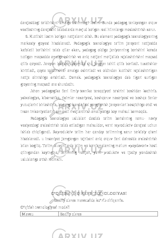 darajasidagi to&#39;ldirishni amalga oshirmog&#39;i lozim. Bunda pedagog tanlayotgan o&#39;quv vazifasining darajasini talabalarda mavjud bo&#39;lgan real hilnnlarga moslashtirish zarur. 6. Kutilishi lozim bo&#39;lgan natijalarni olish. Bu element pedagogik texnologiyaning markaziy g&#39;oyasi hisoblanadi. Pedagogik texnologiya ta’lim jarayoni natijasida kafolatli bo&#39;lishini talab qilar ekan, pedagog oldiga janiyonning borishini ko&#39;zda tutilgan maqsadda amalga oshirish va aniq natijani mo&#39;ljallab rejalashtirishni maqsad qilib qo&#39;yadi. Jarayon borishi davomida shu jarayon tahlil qilib boriladi. tuzatishlar kiritiladi, qayta to&#39;ldirishlar amalga oshiriladi va oldindan kutilishi rejalashtirilgan natija olinishiga erishiladi. Demak. pedagogik texnologiya deb ilgari surilgan g&#39;oyaning maqsadi ana shundadir. Jahon pedagogika fani ilmiy-texnika taraqqiyoti ta&#39;sirini boshidan kechirib. psixologiya, kibernetika, tizimlar nazariyasi, boshqaruv nazariyasi va boshqa fanlar yutuqlarini birlashtirib, bugungi kunda faol yangilanish jarayonlari bosqichiga o&#39;tdi va inson imkoniyatlarini samarali rivojlantirish amaliyotiga boy rnahsul bermoqda. Pedagogik texnologiya uslublari dastlab ta&#39;lim berishning namu- naviy vaziyatdagi o&#39;zlashtirish talab etiladigan mahsuldor, va&#39;ni reproduktiv darajasi uchun ishlab chiqilgandi. Reproduktiv ta&#39;lim har qanday ta&#39;limning zarur tarkibiy qismi hisoblanadi. u insoniyat jamg&#39;argan tajribani aniq o&#39;quv fani doirasida o&#39;zlashtirish bilan bog&#39;liq. Ta&#39;lim oluvchilarda bilim va ko&#39;nikmalaming ma&#39;lum «poydevori» hosil qilingandan keyingina, ta&#39;limning natijali, ya&#39;ni produktiv va ijodiy yondashish uslublariga o&#39;tish mumkin. O’QITISHNING KEYS-TEXNOLOGIYASI Badiiy obraz mavzusida ko’rib chiqamiz. O’qitish texnologiyasi modeli Mavzu Badiiy obraz 