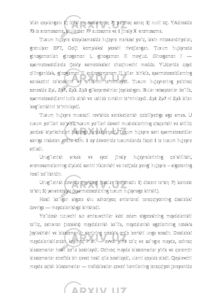 bilan qoplangan: 1) ichki — ovolemma; 2) yaltiroq zona; 3) nurli toj. YAdrosida 23 ta xromosoma, shulardan 22 autosoma va 1 jinsiy X-xromosoma. Tuxum hujayra sitoplazmasida hujayra markazi yo`q, lekin mitoxondriyalar, granulyar EPT, Golji kompleksi yaxshi rivojlangan. Tuxum hujayrada ginogamonlar: ginogamon I, ginogamon II mavjud. Ginogamon I — spermatozoidlarda ijobiy xemotaksisni chaqiruvchi modda. YUqorida qayd qilinganidek, ginogamon II androgamonom II bilan birikib, spermatozoidlarning xarakatini to`xtashini va o`lishini ta’minlaydi. Tuxum hujayraning yaltiroq zonasida Zpl, Zp2, Zp3. Zp3 glikoproteinlar joylashgan. Bular retseptorlar bo`lib, spermatozoidlarni tutib olish va ushlab turishni ta’minlaydi. Zp1 Zp2 ni Zp3 bilan bog`lanishini ta’minlaydi. Tuxum hujayra mustaqil ravishda xarakatlanish qobiliyatiga ega emas. U tuxum yo`llari bo`ylab, tuxum yo`llari devori mushaklarining qisqarishi va shilliq pardasi kiprikchalari hisobiga harakatlanadi. Tuxum hujayra soni spermatozoidlar soniga nisbatan ancha kam. 1 oy davomida tuxumdonda faqat 1 ta tuxum hujayra etiladi. Urug`lanish erkak va ayol jinsiy hujayralarining qo`shilishi, xromosomalarning diploid sonini tiklanishi va natijada yangi hujayra – zigotaning hosil bo`lishidir. Urug`lanish davrida quyidagi fazalar farqlanadi: 1) distant ta’sir; 2) kontakt ta’sir; 3) penetratsiya (spermatozoidning tuxum hujayraga kirishi). Hosil bo`lgan zigota shu zahotiyoq embrional taraqqiyotning dastlabki davriga — maydalanishga kirishadi. Yo`ldosh tutuvchi sut emizuvchilar kabi odam zigotasining maydalanishi to`liq, asinxron (notekis) maydalanish bo`lib, maydalanish egatlarining notekis joylashishi va blastomerlar sonining notekis ortib borishi unga xosdir. Dastlabki maydalanishlardan keyinoq 2 xil — avval yirik to`q va so`ngra mayda, ochroq blastomerlar hosil bo`la boshlaydi. Ochroq mayda blastomerlar yirik va qoramtir blastomerlar atrofida bir qavat hosil qila boshlaydi, ularni qoplab oladi. Qoplovchi mayda oqish blastomerlar — trofoblastlar qavati homilaning taraqqiyot jarayonida 