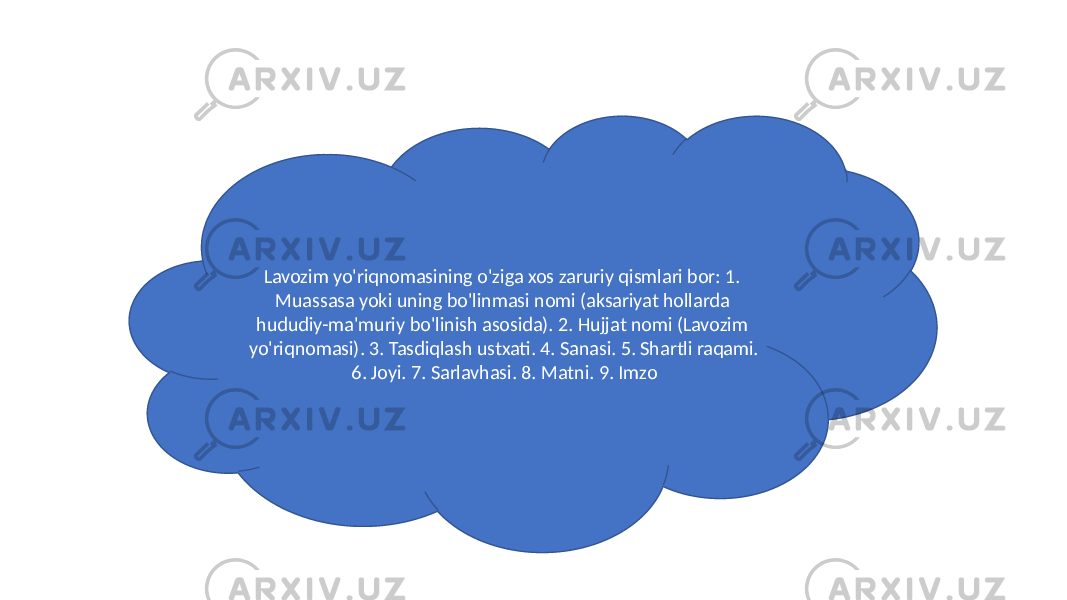 Lavozim yo&#39;riqnomasining o&#39;ziga xos zaruriy qismlari bor: 1. Muassasa yoki uning bo&#39;linmasi nomi (aksariyat hollarda hududiy-ma&#39;muriy bo&#39;linish asosida). 2. Hujjat nomi (Lavozim yo&#39;riqnomasi). 3. Tasdiqlash ustxati. 4. Sanasi. 5. Shartli raqami. 6. Joyi. 7. Sarlavhasi. 8. Matni. 9. Imzo 