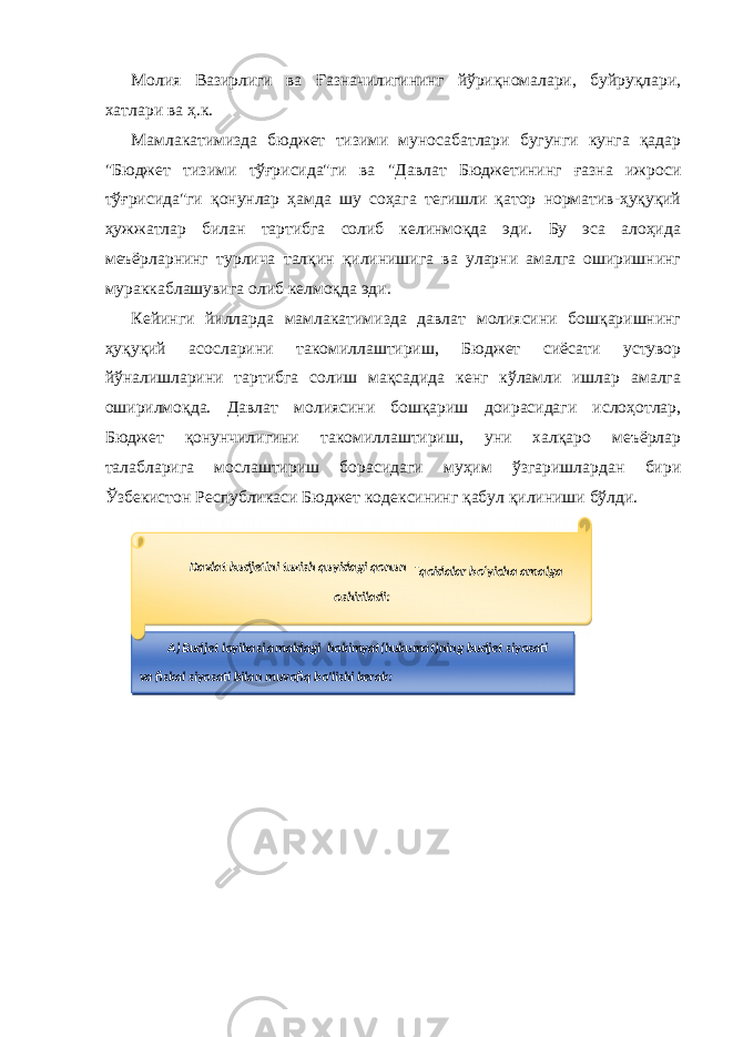 Молия Вазирлиги ва Ғазначилигининг йўриқномалари, буйруқлари, хатлари ва ҳ.к. Мамлакатимизда бюджет тизими муносабатлари бугунги кунга қадар &#34;Бюджет тизими тўғрисида&#34;ги ва &#34;Давлат Бюджетининг ғазна ижроси тўғрисида&#34;ги қонунлар ҳамда шу соҳага тегишли қатор норматив-ҳуқуқий ҳужжатлар билан тартибга солиб келинмоқда эди. Бу эса алоҳида меъёрларнинг турлича талқин қилинишига ва уларни амалга оширишнинг мураккаблашувига олиб келмоқда эди. Кейинги йилларда мамлакатимизда давлат молиясини бошқаришнинг ҳуқуқий асосларини такомиллаштириш, Бюджет сиёсати устувор йўналишларини тартибга солиш мақсадида кенг кўламли ишлар амалга оширилмоқда. Давлат молиясини бошқариш доирасидаги ислоҳотлар, Бюджет қонунчилигини такомиллаштириш, уни халқаро меъёрлар талабларига мослаштириш борасидаги муҳим ўзгаришлардан бири Ўзбекистон Республикаси Бюджет кодексининг қабул қилиниши бўлди. A) Budjet loyihasi amaldagi hokimyat(hukumat)ning budjet siyosati va fiskal siyosati bilan muvofiq bo&#39;lishi kerak: Davlat budjetini tuzish quyidagi qonun - qoidalar bo‘yicha amalga oshiriladi: 