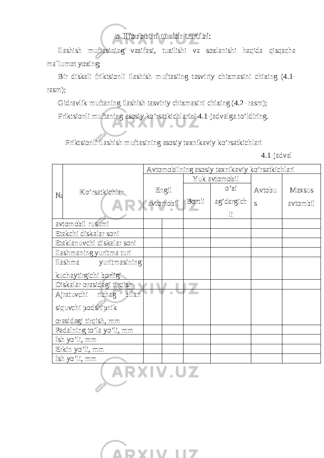 5. Hisobotni tuzish tartibi : Ilashish muftasining vazifasi, tuzilishi va sozlanishi haqida qisqacha ma`lumot yozing; Bir diskali friktsionli ilashish muftasiing tasviriy chizmasini chizing (4.1- rasm); Gidravlik muftaning ilashish tasviriy chizmasini chizing (4.2- rasm); Friktsionli muftaning asosiy ko’rsatkichlarini 4.1-jadvalga to’ldiring. Friktsionli ilashish muftasining asosiy texnikaviy ko’rsatkichlari 4.1-jadval № Ko’rsatkichlar Avtomobilning asosiy texnikaviy ko’rsatkichlari Engil avtomobil Yuk avtomobil Avtobu s Maxsus avtombil Bortli o’zi ag’dargich li avtomobil rusumi Etakchi diskalar soni Etaklanuvchi diskalar soni Ilashmaning yuritma turi Ilashma yuritmasining kuchaytirgichi borligi Diskalar orasidagi tirqish Ajratuvchi richag bilan siquvchi podshipnik orasidagi tirqish, mm Pedalning to’la yo’li, mm Ish yo’li, mm Erkin yo’li, mm Ish yo’li, mm 
