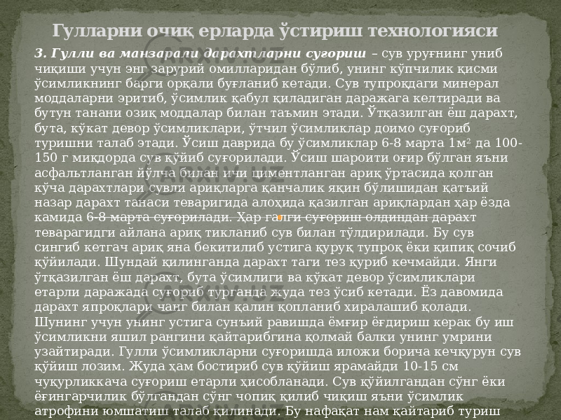 Гулларни очиқ ерларда ўстириш технологияси 3. Гулли ва манзарали дарахтларни суғориш – сув уруғнинг униб чиқиши учун энг зарурий омилларидан бўлиб, унинг кўпчилик қисми ўсимликнинг барги орқали буғланиб кетади. Сув тупроқдаги минерал моддаларни эритиб, ўсимлик қабул қиладиган даражага келтиради ва бутун танани озиқ моддалар билан таъмин этади. Ўтқазилган ёш дарахт, бута, кўкат девор ўсимликлари, ўтчил ўсимликлар доимо суғориб туришни талаб этади. Ўсиш даврида бу ўсимликлар 6-8 марта 1м 2 да 100- 150 г миқдорда сув қўйиб суғорилади. Ўсиш шароити оғир бўлган яъни асфальтланган йўлча билан ичи циментланган ариқ ўртасида қолган кўча дарахтлари сувли ариқларга қанчалик яқин бўлишидан қатъий назар дарахт танаси теваригида алоҳида қазилган ариқлардан ҳар ёзда камида 6-8 марта суғорилади. Ҳар галги суғориш олдиндан дарахт теварагидги айлана ариқ тикланиб сув билан тўлдирилади. Бу сув сингиб кетгач ариқ яна бекитилиб устига қуруқ тупроқ ёки қипиқ сочиб қўйилади. Шундай қилинганда дарахт таги тез қуриб кечмайди. Янги ўтқазилган ёш дарахт, бута ўсимлиги ва кўкат девор ўсимликлари етарли даражада суғориб турганда жуда тез ўсиб кетади. Ёз давомида дарахт япроқлари чанг билан қалин қопланиб хиралашиб қолади. Шунинг учун унинг устига сунъий равишда ёмғир ёғдириш керак бу иш ўсимликни яшил рангини қайтарибгина қолмай балки унинг умрини узайтиради. Гулли ўсимликларни суғоришда иложи борича кечқурун сув қўйиш лозим. Жуда ҳам бостириб сув қўйиш ярамайди 10-15 см чуқурликкача суғориш етарли ҳисобланади. Сув қўйилгандан сўнг ёки ёғингарчилик бўлгандан сўнг чопиқ қилиб чиқиш яъни ўсимлик атрофини юмшатиш талаб қилинади. Бу нафақат нам қайтариб туриш учун балки бунда ўсимлик илдизлари яхши нафас олади. 