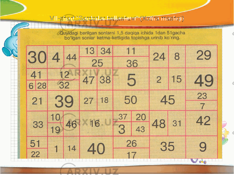 VII-shart “Sardorlar bellashuvi” (Xotira mashqi) 