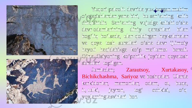 Yuqori paleolit davrida yuz bergan muhim o‘zgarishlardan yana biri, bu san’atning kelib chiqishidir. San’atning vujudga kelishi o‘sha davr odamlarining diniy qarashlari bilan bog‘liq bo‘lsada, ular qoldirgan haykalchalar va qoya tosh suratlari o‘sha davr ijtimoiy hayoti haqidabizga ko‘p ma’lumot  beradi. O‘rta Osiyoning ko‘pchilik joyidan qoyatosh suratlari  topilgan.  Jumladan; Zarautsoy, Xurtakasoy, Bichikchashma, Sariyoz  va boshqalar. Ularda karkidonlar, mamontlar, odam, ot, buqa, it, tulki,  jayron,  tog‘  echkisi,  o‘q  yoylarningtasvirlari  bor. 