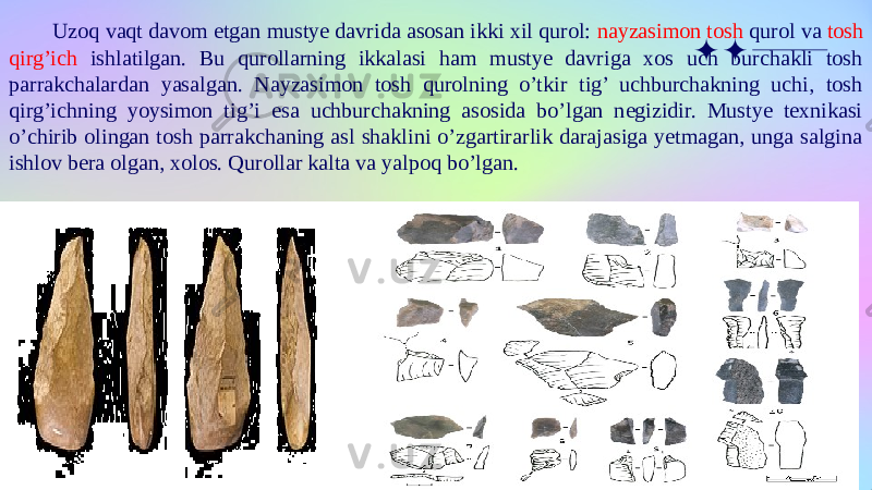 Uzoq vaqt davom etgan mustye davrida asosan ikki xil qurol: nayzasimon tosh qurol va tosh qirg’ich ishlatilgan. Bu qurollarning ikkalasi ham mustye davriga xos uch burchakli tosh parrakchalardan yasalgan. Nayzasimon tosh qurolning o’tkir tig’ uchburchakning uchi, tosh qirg’ichning yoysimon tig’i esa uchburchakning asosida bo’lgan negizidir. Mustye texnikasi o’chirib olingan tosh parrakchaning asl shaklini o’zgartirarlik darajasiga yetmagan, unga salgina ishlov bera olgan, xolos. Qurollar kalta va yalpoq bo’lgan. 