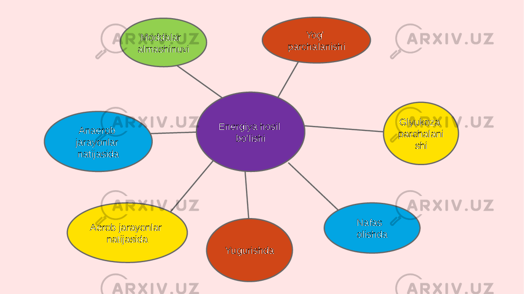 Energiya hosil bo&#39;lishi Glyukoza parchalani shi Nafas olishda YugurishdaAerob jarayonlar natijasidaAnaerob jarayonlar natijasida Moddalar almashinuvi Yog&#39; parchalanishi 