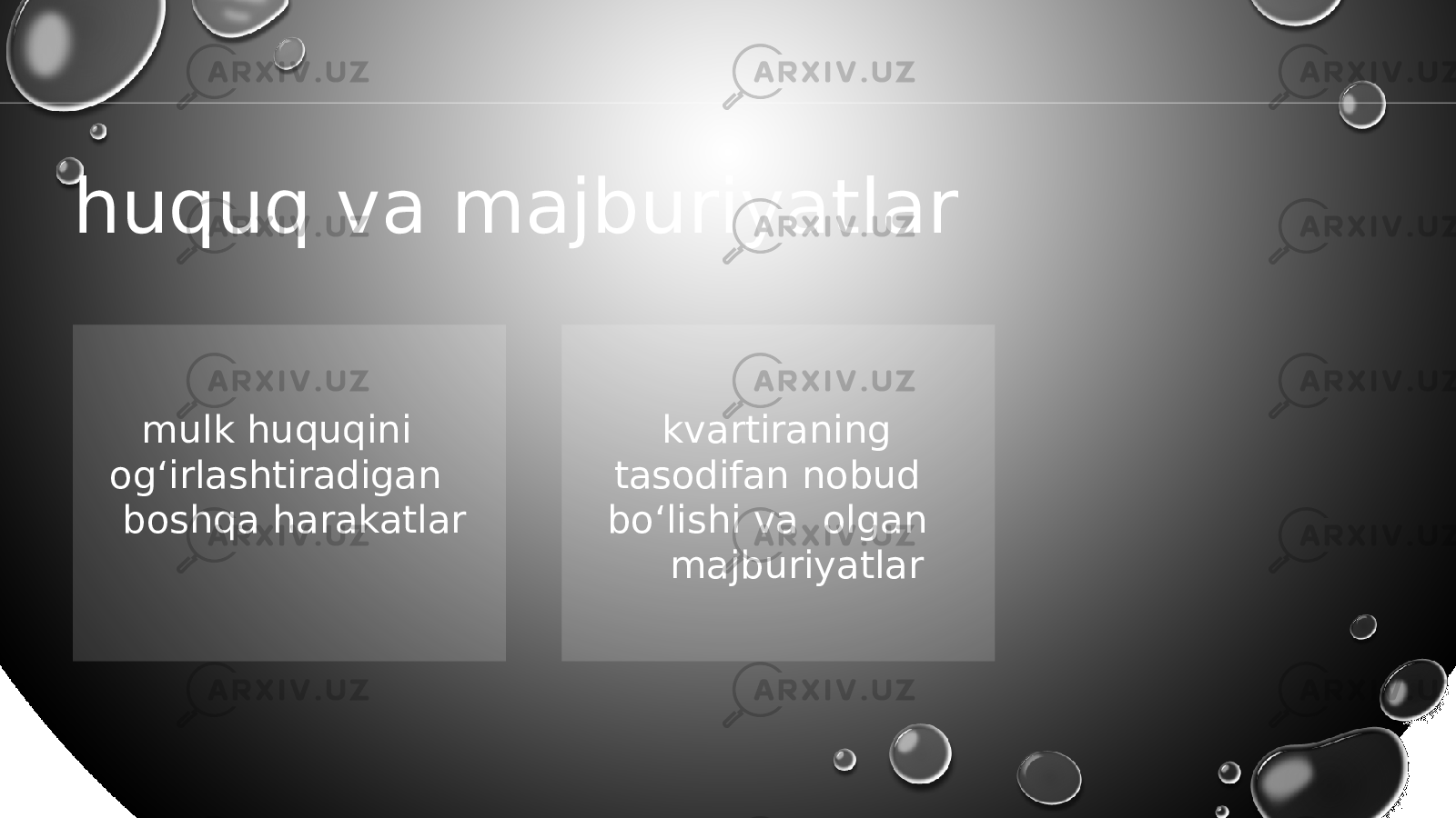 huquq va majburiyatlar mulk huquqini og‘irlashtiradigan boshqa harakatlar kvartiraning tasodifan nobud bo‘lishi va olgan majburiyatlar 