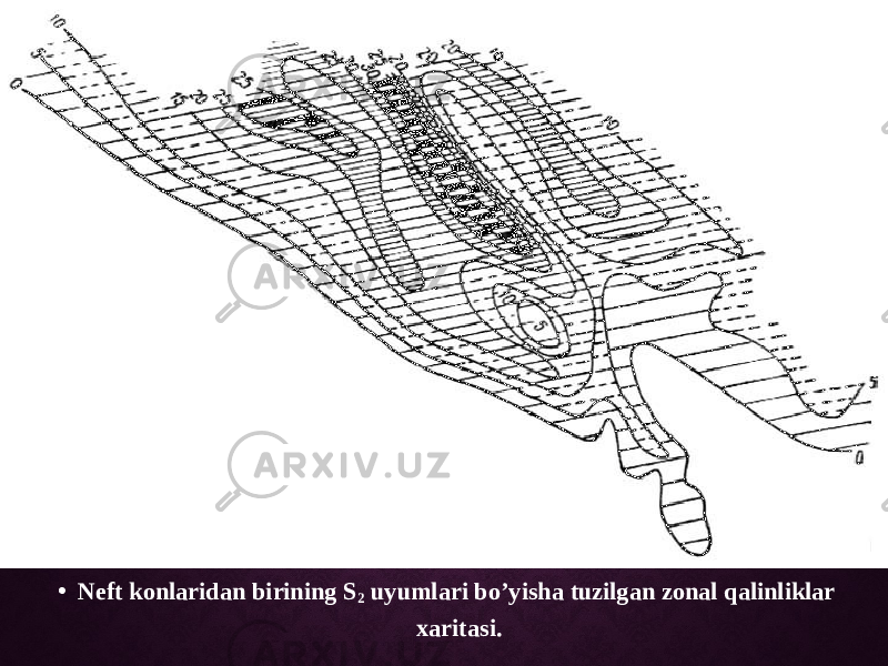 • Neft konlaridan birining S 2 uyumlari bo’yisha tuzilgan zonal qalinliklar xaritasi. 