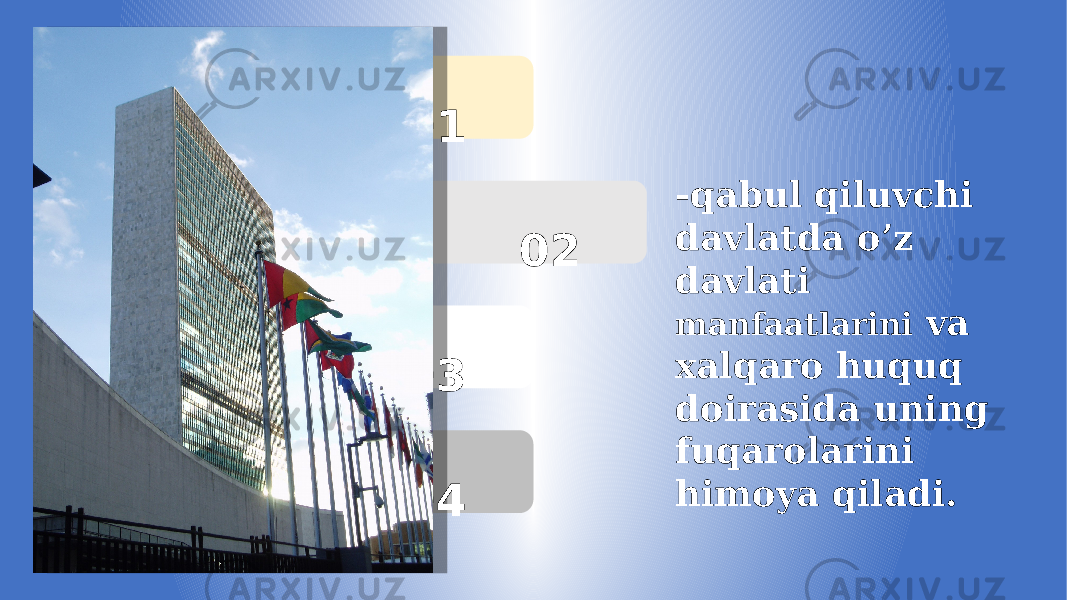  01 02 03 04 -qabul qiluvchi davlatda o’z davlati manfaatlarini va xalqaro huquq doirasida uning fuqarolarini himoya qiladi. 