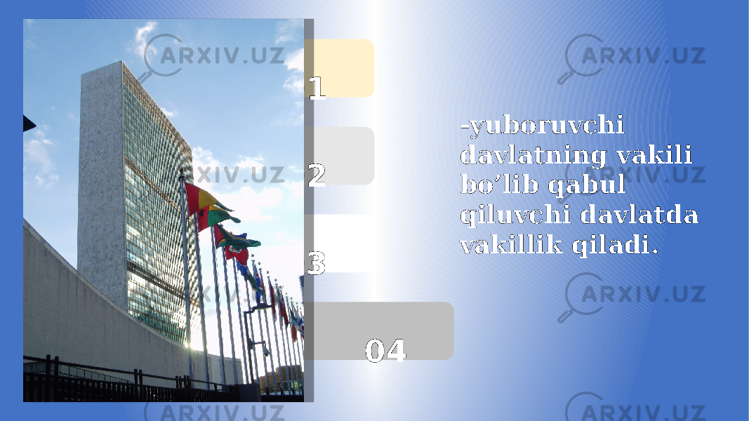  01 02 03 04 -yuboruvchi davlatning vakili bo’lib qabul qiluvchi davlatda vakillik qiladi. 