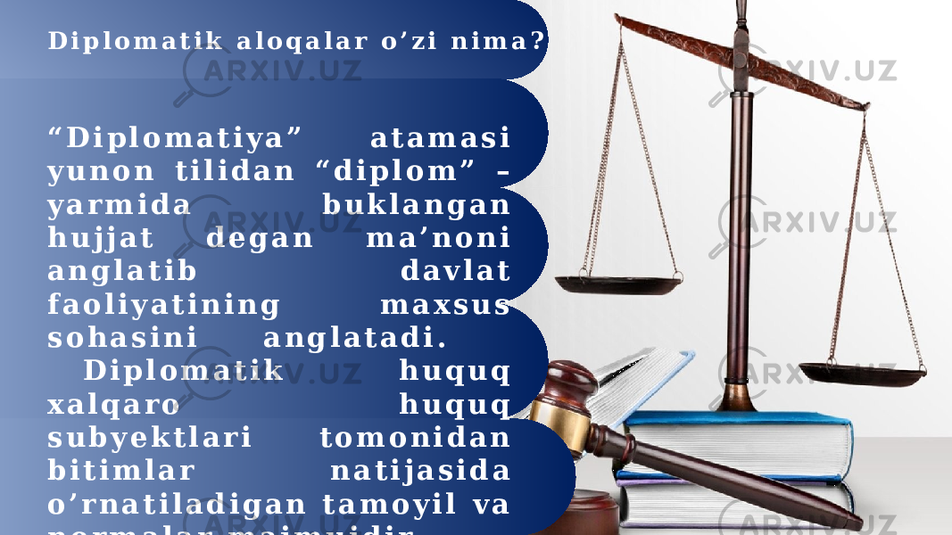 D i p l o m a t i k a l o q a l a r o ’ z i n i m a ? “ D i p l o m a t i y a ” a t a m a s i y u n o n t i l i d a n “ d i p l o m ” – y a r m i d a b u k l a n g a n h u j j a t d e g a n m a ’ n o n i a n g l a t i b d a v l a t f a o l i y a t i n i n g m a x s u s s o h a s i n i a n g l a t a d i . D i p l o m a t i k h u q u q x a l q a r o h u q u q s u b y e k t l a r i t o m o n i d a n b i t i m l a r n a t i j a s i d a o ’ r n a t i l a d i g a n t a m o y i l v a n o r m a l a r m a j m u i d i r. 