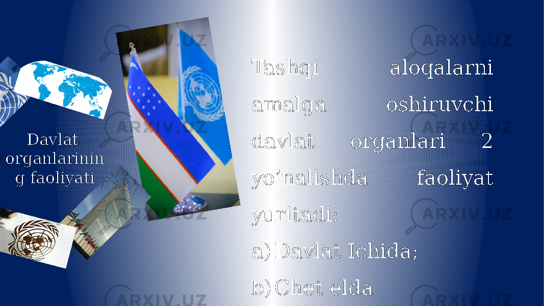 Davlat organlarinin g faoliyati Tashqi aloqalarni amalga oshiruvchi davlat organlari 2 yo’nalishda faoliyat yuritadi: a) Davlat Ichida; b) Chet elda 