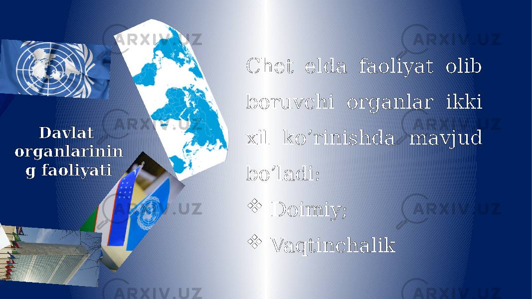 Chet elda faoliyat olib boruvchi organlar ikki xil ko’rinishda mavjud bo’ladi:  Doimiy;  Vaqtinchalik Davlat organlarinin g faoliyati 