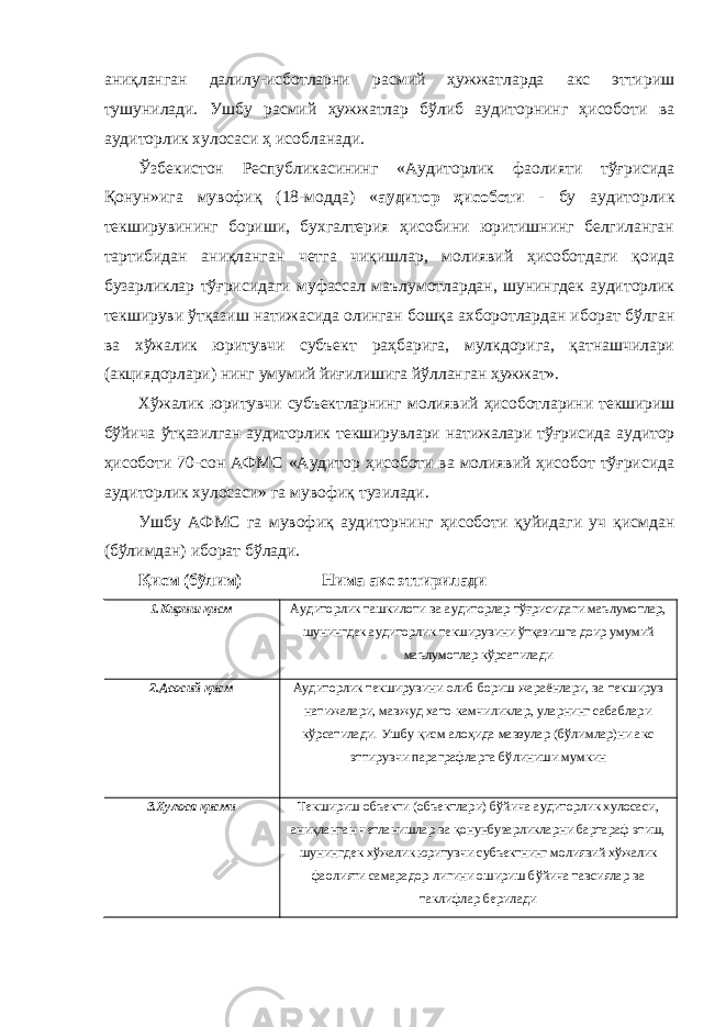 аниқланган далилу-исботларни расмий ҳужжатларда акс эттириш тушунилади. Ушбу расмий ҳужжатлар бўлиб аудиторнинг ҳисоботи ва аудиторлик хулосаси ҳ исобланади. Ўзбекистон Республикасининг «Аудиторлик фаолияти тўғрисида Қонун»ига мувофиқ (18-модда) « аудитор ҳисоботи - бу аудиторлик текширувининг бориши, бухгалтерия ҳисобини юритишнинг белгиланган тартибидан аниқланган четга чиқишлар, молиявий ҳисоботдаги қоида бузарликлар тўғрисидаги муфассал маълумотлардан, шунингдек аудиторлик текшируви ўтқазиш натижасида олинган бошқа ахборотлардан иборат бўлган ва хўжалик юритувчи субъект раҳбарига, мулкдорига, қатнашчилари (акциядорлари) нинг умумий йиғилишига йўлланган ҳужжат». Хўжалик юритувчи субъектларнинг молиявий ҳисоботларини текшириш бўйича ўтқазилган аудиторлик текширувлари натижалари тўғрисида аудитор ҳисоботи 70-сон АФМС «Аудитор ҳисоботи ва молиявий ҳисобот тўғрисида аудиторлик хулосаси» га мувофиқ тузилади. Ушбу АФМС га мувофиқ аудиторнинг ҳисоботи қуйидаги уч қисмдан (бўлимдан) иборат бўлади. Қисм (бўлим) Нима акс эттирилади 1. Кириш қисм Аудиторлик ташкилоти ва аудиторлар тўғ рисидаги маълумотлар, шунингдек аудиторлик текширувини ўтқазишга доир умумий маълумотлар кўрсатилади 2.Асосий қисм Аудиторлик текширувини олиб бориш жараёнлари, ва текширув натижалари, мавжуд хато-камчиликлар, уларнинг сабаблари кўрсатилади. Ушбу қисм алоҳида мавзулар (бўлимлар)ни акс эттирувчи параграфларга бўлиниши мумкин 3.Хулоса қисми Текшириш объекти (объектлари) бўйича аудиторлик хулосаси, аниқланган четланишлар ва қонунбузарликларни бартараф этиш, шунингдек хўжалик юритувчи субъектнинг молиявий хўжалик фаолияти самарадор-лигини ошириш бўйича тавсиялар ва таклифлар берилади 