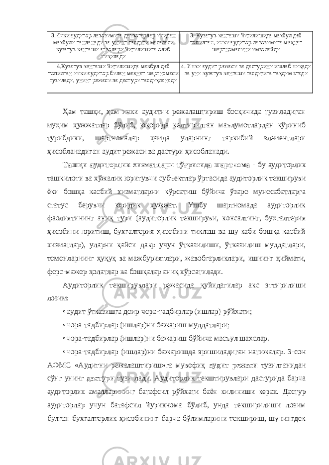 3.Ички аудитор лавозимига даъвогарлар ичидан макбули танланади ва унинг тасдиғи масаласи кузатув кенгаши аъзолари йиғилишига олиб чиқилади 3. Кузатув кенгаши йиғилишида макбул деб топилгач, ички аудитор лавозимига меҳнат шартномасини имзолайди 4.Кузатув кенгаши йиғилишида макбул деб топилган ички аудитор билан меҳнат шартномаси тузилади, унинг режаси ва дастури тасдиқланади 4. Ички аудит режаси ва дастурини ишлаб чиқади ва уни кузатув кенгаши тасдиғига тақдим этади Ҳам ташқи, ҳам ички аудитни режалаштириш босқичида тузиладиган муҳим ҳужжатлар бўлиб, юқорида келтирилган маълумотлардан кўриниб турибдики, шартномалар ҳамда уларнинг таркибий элементлари ҳисобланадиган аудит режаси ва дастури ҳисобланади. Ташқи аудиторлик хизматлари тўғрисида шартнома - бу аудиторлик ташкилоти ва хўжалик юритувчи субъектлар ўртасида аудиторлик текшируви ёки бошқа касбий хизматларни кўрсатиш бўйича ўзаро муносабатларга статус берувчи юридик ҳужжат. Ушбу шартномада аудиторлик фаолиятининг аниқ тури (аудиторлик текшируви, консалтинг, бухгалтерия ҳисобини юритиш, бухгалтерия ҳисобини тиклаш ва шу каби бошқа касбий хизматлар), уларни қайси давр учун ўтказилиши, ўтказилиш муддатлари, томонларнинг ҳуқуқ ва мажбуриятлари, жавобгарликлари, ишнинг қиймати, форс-мажор ҳолатлар ва бошқалар аниқ кўрсатилади. Аудиторлик текширувлари режасида қуйидагилар акс эттирилиши лозим: • аудит ўтказишга доир чора-тадбирлар (ишлар) рўйхати; • чора-тадбирлар (ишлар)ни бажариш муддатлари; • чора-тадбирлар (ишлар)ни бажариш бўйича масъул шахслар. • чора-тадбирлар (ишлар)ни бажаришда эришиладиган натижалар. 3-сон АФМС «Аудитни режалаштириш»га мувофиқ аудит режаси тузилганидан сўнг унинг дастури тузи лади. Аудиторлик текштирувлари дастурида барча аудиторлик амалларининг батафсил рўйхати баён килиниши керак. Дастур аудиторлар учун батафсил йурикнома бўлиб, унда текширилиши лозим булган бухгалтерлик ҳисобининг барча бўлимларини текшириш, шунингдек 