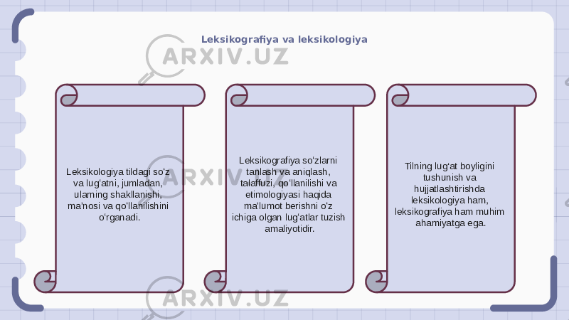 Leksikografiya va leksikologiya Leksikologiya tildagi soʻz va lugʻatni, jumladan, ularning shakllanishi, maʼnosi va qoʻllanilishini oʻrganadi. Leksikografiya soʻzlarni tanlash va aniqlash, talaffuzi, qoʻllanilishi va etimologiyasi haqida maʼlumot berishni oʻz ichiga olgan lugʻatlar tuzish amaliyotidir. Tilning lug‘at boyligini tushunish va hujjatlashtirishda leksikologiya ham, leksikografiya ham muhim ahamiyatga ega. 