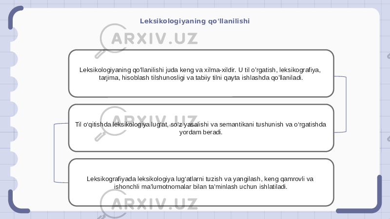 Leksikologiyaning qo&#39;llanilishi Leksikologiyaning qo&#39;llanilishi juda keng va xilma-xildir. U til oʻrgatish, leksikografiya, tarjima, hisoblash tilshunosligi va tabiiy tilni qayta ishlashda qoʻllaniladi. Til o‘qitishda leksikologiya lug‘at, so‘z yasalishi va semantikani tushunish va o‘rgatishda yordam beradi. Leksikografiyada leksikologiya lug‘atlarni tuzish va yangilash, keng qamrovli va ishonchli ma’lumotnomalar bilan ta’minlash uchun ishlatiladi. 