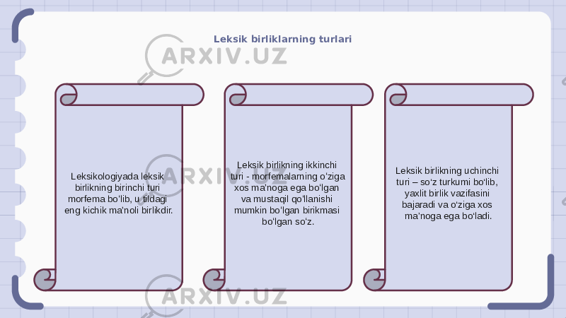 Leksik birliklarning turlari Leksikologiyada leksik birlikning birinchi turi morfema boʻlib, u tildagi eng kichik maʼnoli birlikdir. Leksik birlikning ikkinchi turi - morfemalarning oʻziga xos maʼnoga ega boʻlgan va mustaqil qoʻllanishi mumkin boʻlgan birikmasi boʻlgan soʻz. Leksik birlikning uchinchi turi – so‘z turkumi bo‘lib, yaxlit birlik vazifasini bajaradi va o‘ziga xos ma’noga ega bo‘ladi. 