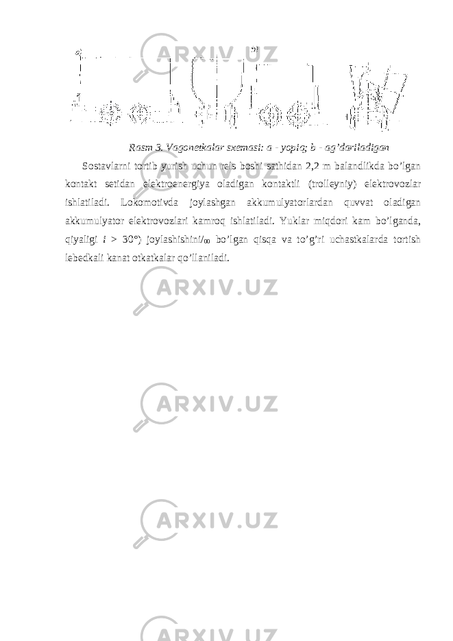 Rasm 3. Vagonetkalar sxemasi: a - yopiq; b - ag’dariladigan Sostavlarni tortib yurish uchun rels boshi sathidan 2,2 m balandlikda bo’lgan kontakt setidan elektroenergiya oladigan kontaktli (trolleyniy) elektrovozlar ishlatiladi. Lokomotivda joylashgan akkumulyatorlardan quvvat oladigan akkumulyator elektrovozlari kamroq ishlatiladi. Yuklar miqdori kam bo’lganda, qiyaligi i > 30°) joylashishini/ 00 bo’lgan qisqa va to’g’ri uchastkalarda tortish lebedkali kanat otkatkalar qo’llaniladi. 