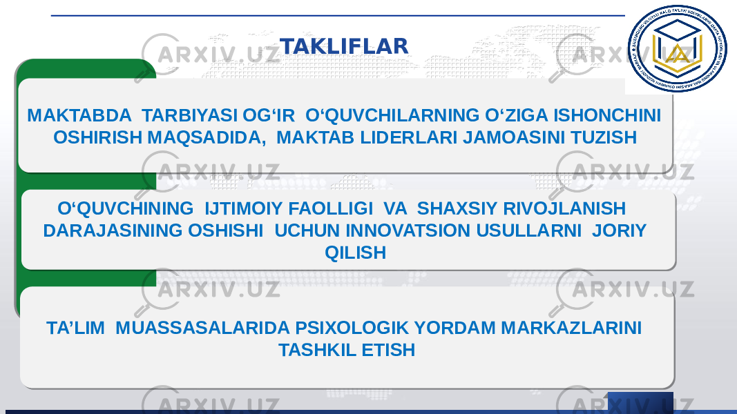 TAKLIFLAR MAKTABDA TARBIYASI OG‘IR O‘QUVCHILARNING O‘ZIGA ISHONCHINI OSHIRISH MAQSADIDA, MAKTAB LIDERLARI JAMOASINI TUZISH O‘QUVCHINING IJTIMOIY FAOLLIGI VA SHAXSIY RIVOJLANISH DARAJASINING OSHISHI UCHUN INNOVATSION USULLARNI JORIY QILISH TA’LIM MUASSASALARIDA PSIXOLOGIK YORDAM MARKAZLARINI TASHKIL ETISH 01 22 06 22 33 28 2B 2B 