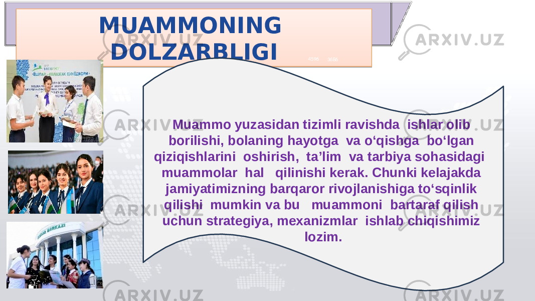 MUAMMONING DOLZARBLIGI 4596 3686 1918 1081 Muammo yuzasidan tizimli ravishda ishlar olib borilishi, bolaning hayotga va o‘qishga bo‘lgan qiziqishlarini oshirish, ta’lim va tarbiya sohasidagi muammolar hal qilinishi kerak. Chunki kelajakda jamiyatimizning barqaror rivojlanishiga to‘sqinlik qilishi mumkin va bu muammoni bartaraf qilish uchun strategiya, mexanizmlar ishlab chiqishimiz lozim.0102 09 