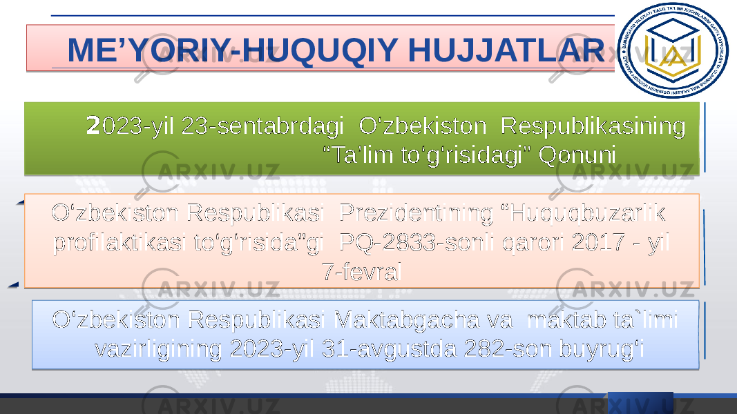 ME’YORIY-HUQUQIY HUJJATLAR 2 023-yil 23-sentabrdagi O‘zbekiston Respublikasining “Ta’lim to‘g‘risidagi” Qonuni O‘zbekiston Respublikasi Prezidentining “Huquqbuzarlik profilaktikasi to‘g‘risida”gi PQ-2833-sonli qarori 2017 - yil 7-fevral O‘zbekiston Respublikasi Maktabgacha va maktab ta`limi vazirligining 2023-yil 31-avgustda 282-son buyrug‘i 0120 0E 01 0808080808 12 180F 2604 