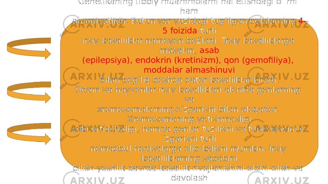 Genetikaning tibbiy muammolarni hal etishdagi o ‘rni ham ahamiyatlidir. Butun yer yuzidagi tug‘ilgan bolalarning 4- 5 foizida turli irsiy kasalliklar namoyon bo£ladi. Trsiy kasalliklarga masalan, asab (epilepsiya), endokrin (kretinizm), qon (gemofiliya), moddalar almashinuvi bilan bog‘liq boshqa qator kasaliiklar kiradi. Odam va hayvonlar irsiy kasalliklari alohida genlarning va xromosomalaming o‘zgarishi bilan aloqador. Xromosomaning yetishmasligi yoki ortiqchaligi, hamda genlar tuzilishi va funksiyasini o ‘zgarishi turli nomaqbul hodisalarga olib kelishi mumkin. Irsiy kasalliklaming sababini bilish yoshlik davrda kasallik rivojlanishini oldini olish va davolash metodlarini ishlab chiqish imkonini beradi 