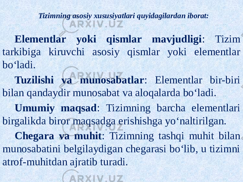 Tizimning asosiy xususiyatlari quyidagilardan iborat: Elementlar yoki qismlar mavjudligi : Tizim tarkibiga kiruvchi asosiy qismlar yoki elementlar bo‘ladi. Tuzilishi va munosabatlar : Elementlar bir-biri bilan qandaydir munosabat va aloqalarda bo‘ladi. Umumiy maqsad : Tizimning barcha elementlari birgalikda biror maqsadga erishishga yo‘naltirilgan. Chegara va muhit : Tizimning tashqi muhit bilan munosabatini belgilaydigan chegarasi bo‘lib, u tizimni atrof-muhitdan ajratib turadi. 