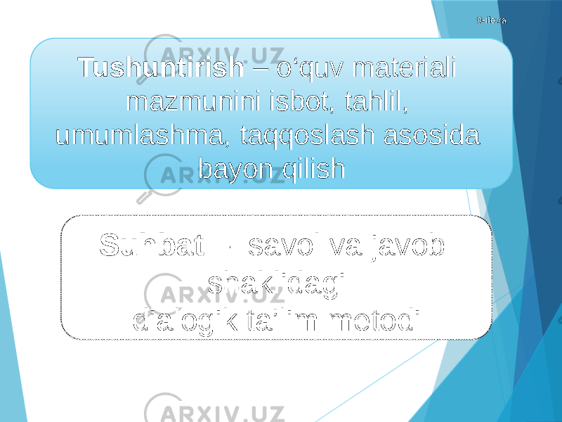 Suhbat – savol va javob shaklidagi dialogik ta’lim metodiTushuntirish – о‘quv materiali mazmunini isbot, tahlil, umumlashma, taqqoslash asosida bayon qilish 9-ilova 