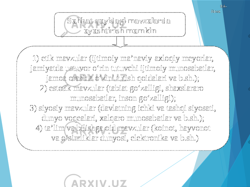 9A- ilova Suhbat quyidagi mavzularda uyushtirish mumkin 1) etik mavzular (ijtimoiy ma’naviy-axloqiy meyorlar, jamiyatda ustuvor о‘rin tutuvchi ijtimoiy munosabatlar, jamoa orasida о‘zini tutish qoidalari va b.sh.); 2) estetik mavzular (tabiat gо‘zalligi, shaxslararo munosabatlar, inson gо‘zalligi); 3) siyosiy mavzular (davlatning ichki va tashqi siyosati, dunyo voqealari, xalqaro munosabatlar va b.sh.); 4) ta’lim va bilishga oid mavzular (koinot, hayvonot va о‘simliklar dunyosi, elektronika va b.sh.) 