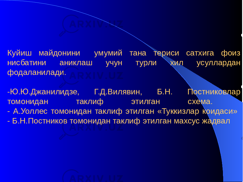 Куйиш майдонини умумий тана териси сатхига фоиз нисбатини аниклаш учун турли хил усуллардан фодаланилади. -Ю.Ю.Джанилидзе, Г.Д.Вилявин, Б.Н. Постниковлар томонидан таклиф этилган схема. - А.Уоллес томонидан таклиф этилган «Туккизлар коидаси» - Б.Н.Постников томонидан таклиф этилган махсус жадвал 