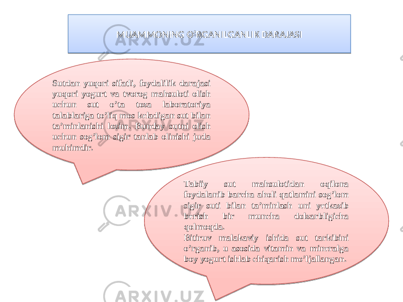 MUAMMONING O’RGANILGANLIK DARAJASI Sutdan yuqori sifatli, foydalilik darajasi yuqori yogurt va tvorog mahsuloti olish uchun sut o’ta toza laboratoriya talablariga to’liq mos keladigan sut bilan ta’minlanishi lozim. Bunday sutni olish uchun sog’lom sigir tanlab olinishi juda muhimdir. Tabiiy sut mahsulotidan oqilona foydalanib barcha aholi qatlamini sog’lom sigir suti bilan ta’minlash uni yetkazib berish bir muncha dolzarbligicha qolmoqda. Bitiruv malakaviy ishida sut tarkibini o’rganib, u asosida vitamin va mineralga boy yogurt ishlab chiqarish mo’ljallangan. 01 24 1903160A0E06 03 15 15 03 10 25 14 13 0F090E06 160A 02 0A 0F0A 