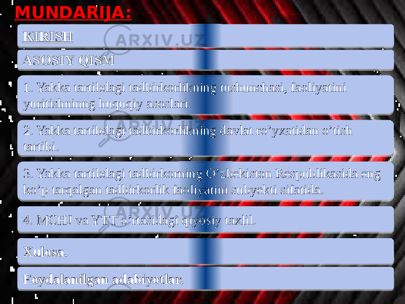 MUNDARIJA: 1. Yakka tartibdagi tadbirkorlikning tushunchasi, faoliyatini yuritishninng huquqiy asoslari. 3. Yakka tartibdagi tadbirkorning O’zbekiston Respublikasida eng ko’p tarqalgan tadbirkorlik faoliyatini subyekti sifatida.ASOSIY QISM KIRISH 2. Yakka tartibdagi tadbirkorlikning davlat ro’yxatidan o’tish tartibi. Xulosa. Foydalanilgan adabiyotlar. 4. MCHJ va YTT o’rtasidagi qiyosiy taxlil.01 16 18 06 10 06 1F0203 07 14 2A 22 