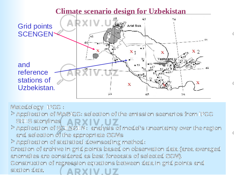  Grid points SCENGEN and reference stations of Uzbekistan. Climate scenario design for Uzbekistan Metodology IPCC :  Application of MAGICC: selection of the emission scenarios from IPCC SRES storylines  Application of SCENGEN: analysis of model’s uncertainty over the region and selection of the appropriate GCMs  Application of statistical downscaling method: Creation of archive in grid points based on observation data (area averaged anomalies are considered as best forecasts of selected GCM). Construction of regression equations between data in grid points and station data. 